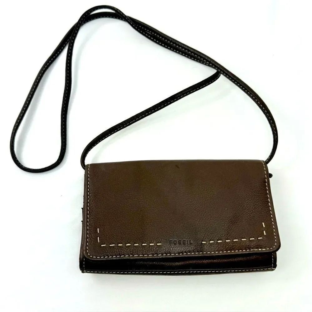 Fossil Brown Leather Exposed Stitch Trifold Crossbody Organizer Wallet Mini Bag